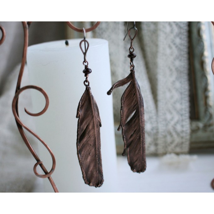 Copper feather earrings