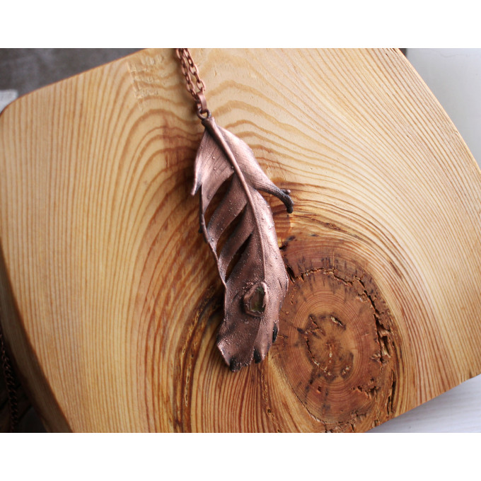 Copper feather gemstone necklace
