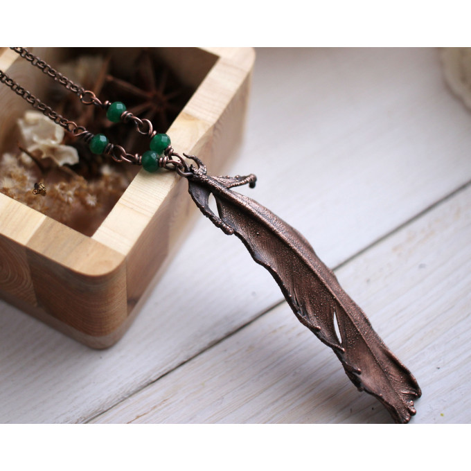 Copper feather gemstone necklace